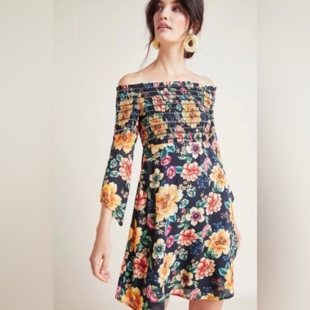 FARM Rio Anthropologie Floral Off Shoulder Smocked Mini Dress Petite Small